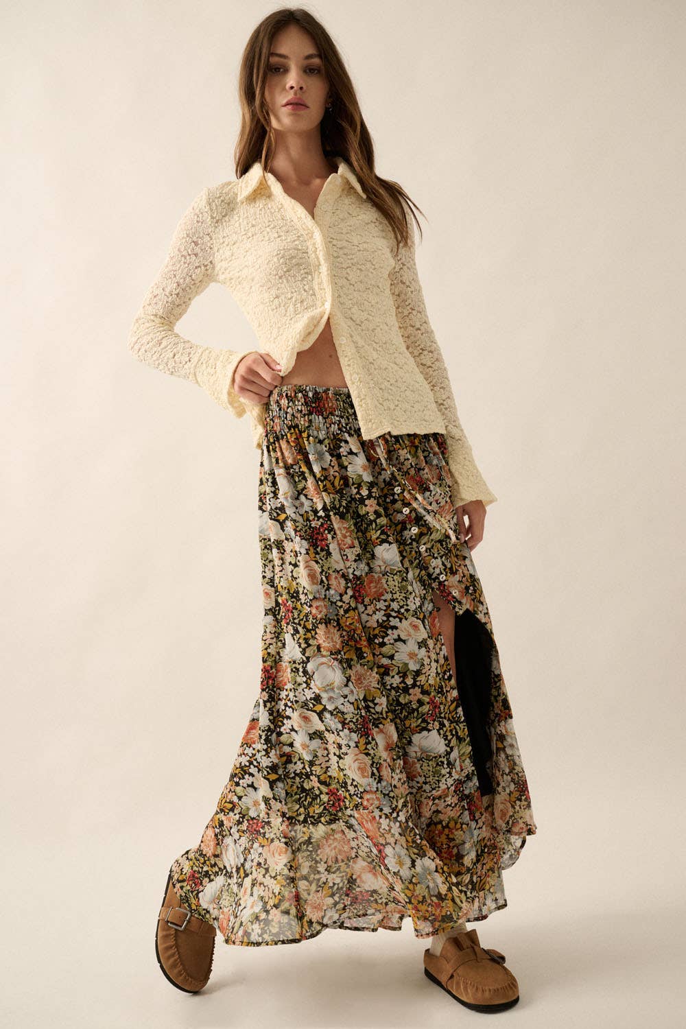 Floral Front Slit Woven Maxi Skirt