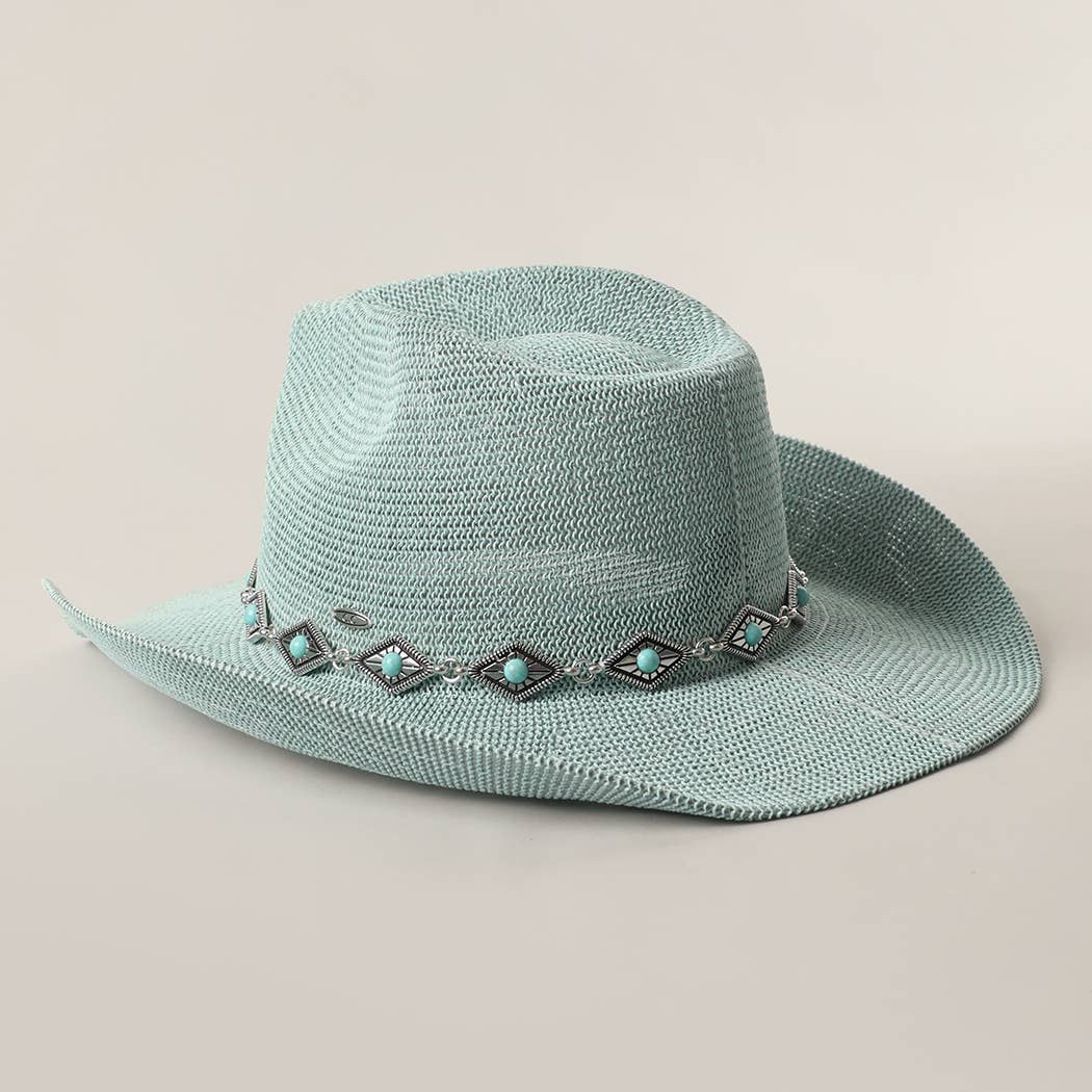 Cowboy Straw Hat With Turquoise Metal Band