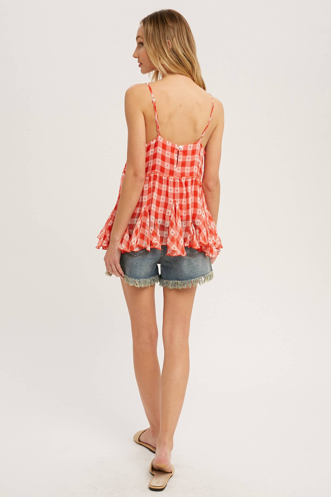 CHECKERED CHIFFON RUFFLE HEM CAMI
