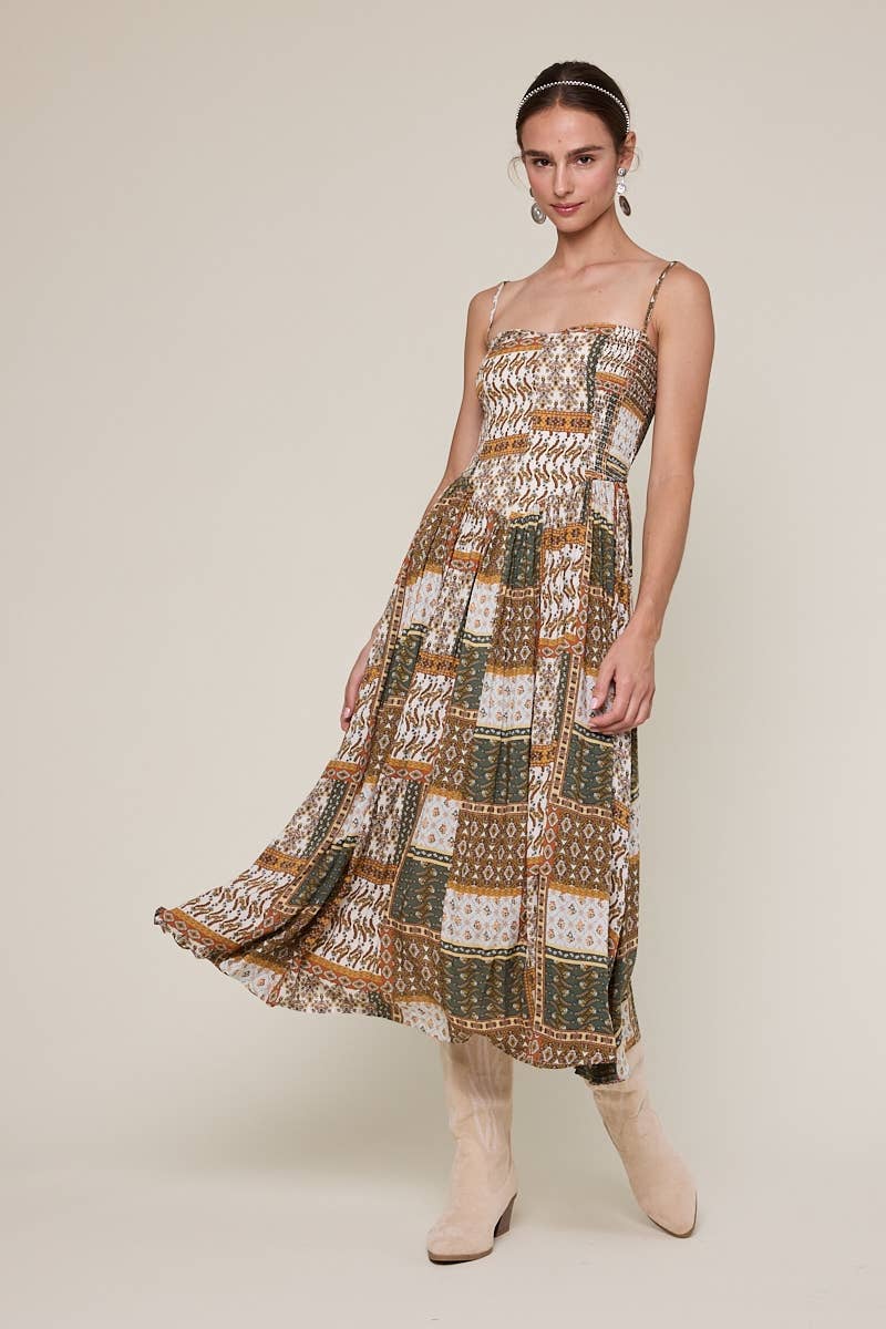 BROWN PATCHED SLEEVELESS SMOCKED MIDI DRESS