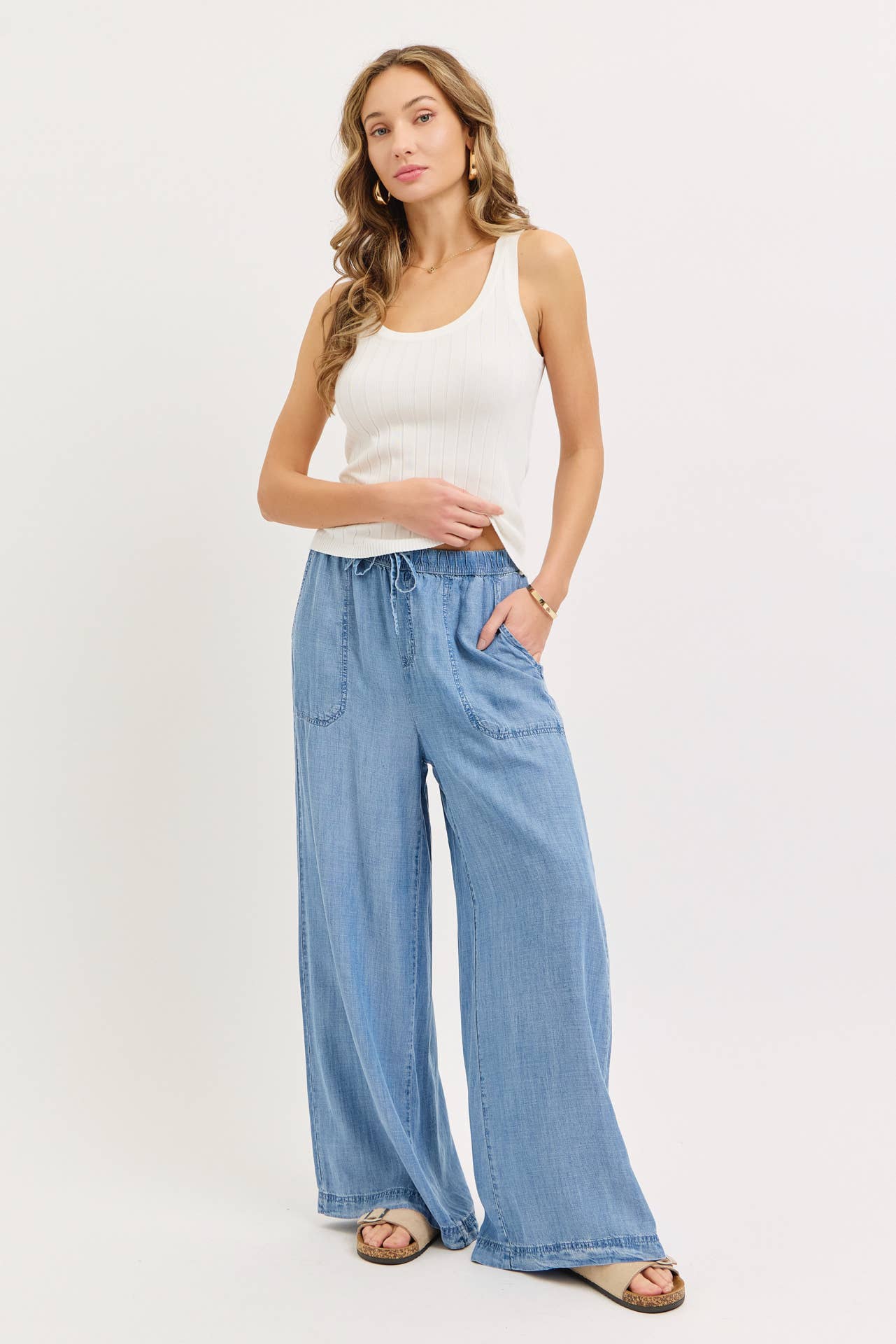 ELASTIC WAIST PULL ON WIDE-LEG  PALAZZO TENCEL CASUAL PANTS