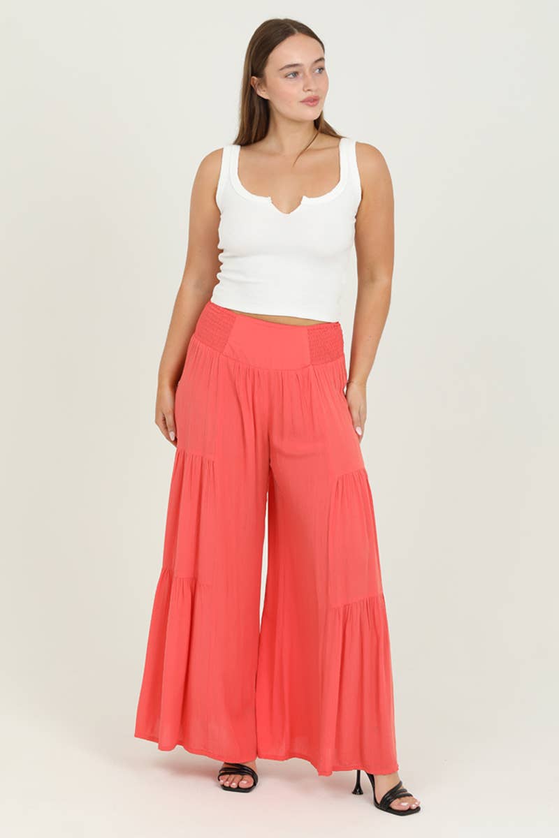 TIERED WIDE LEG PANTS WITH SMOCKED WAISTBAND