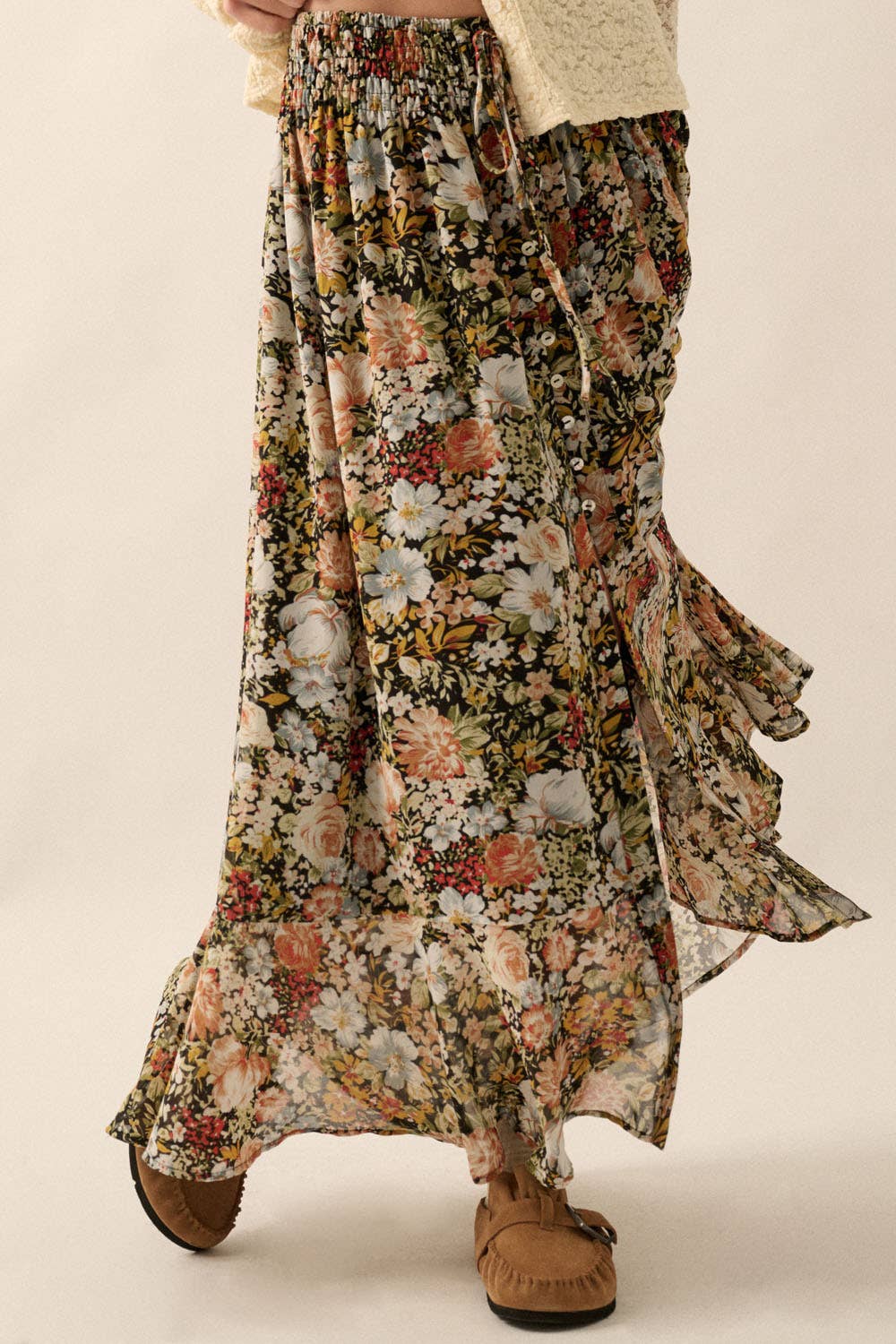 Floral Front Slit Woven Maxi Skirt