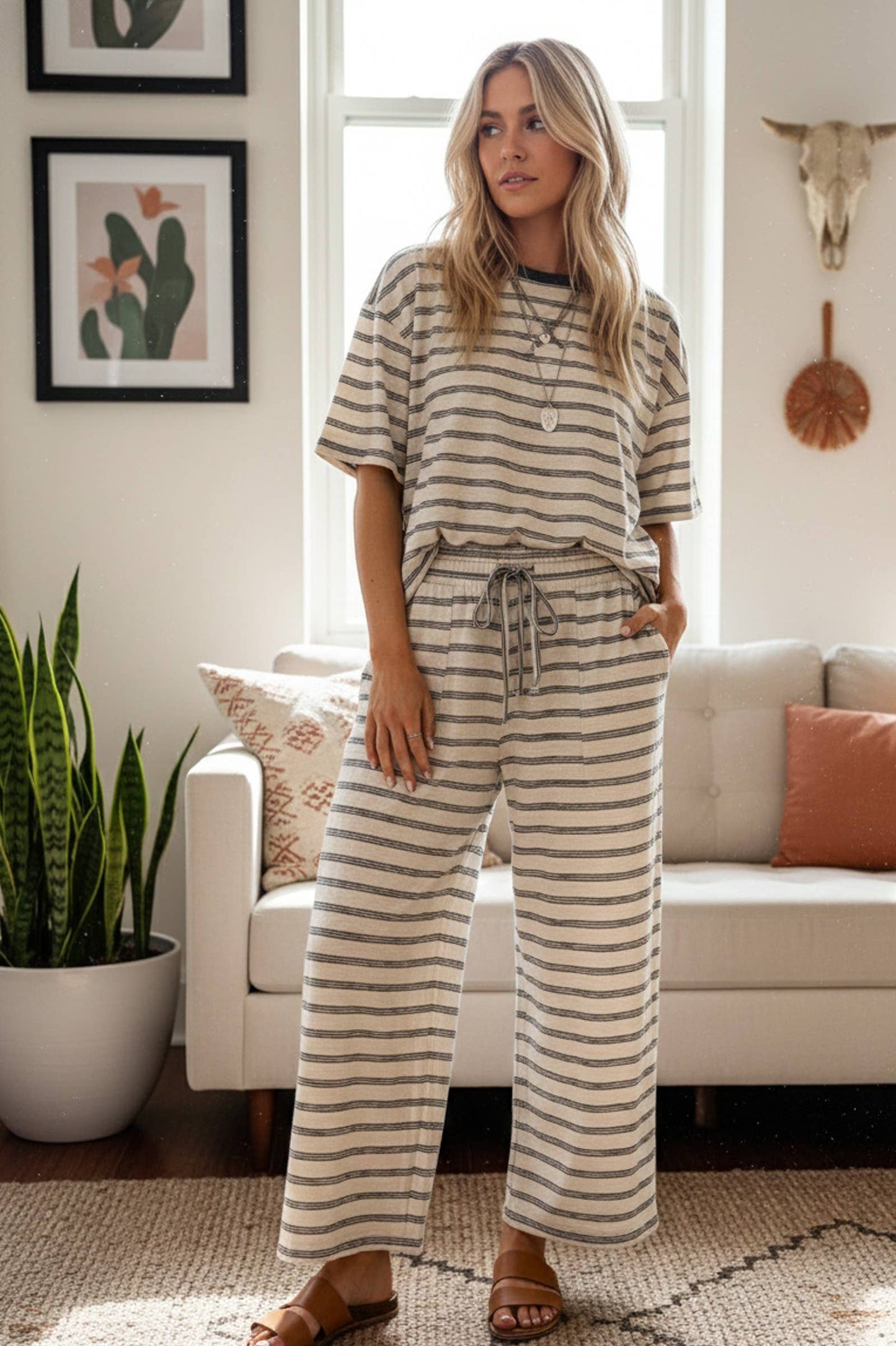 Striped Relaxed Fit Knit Top and Wide Leg Pant Set