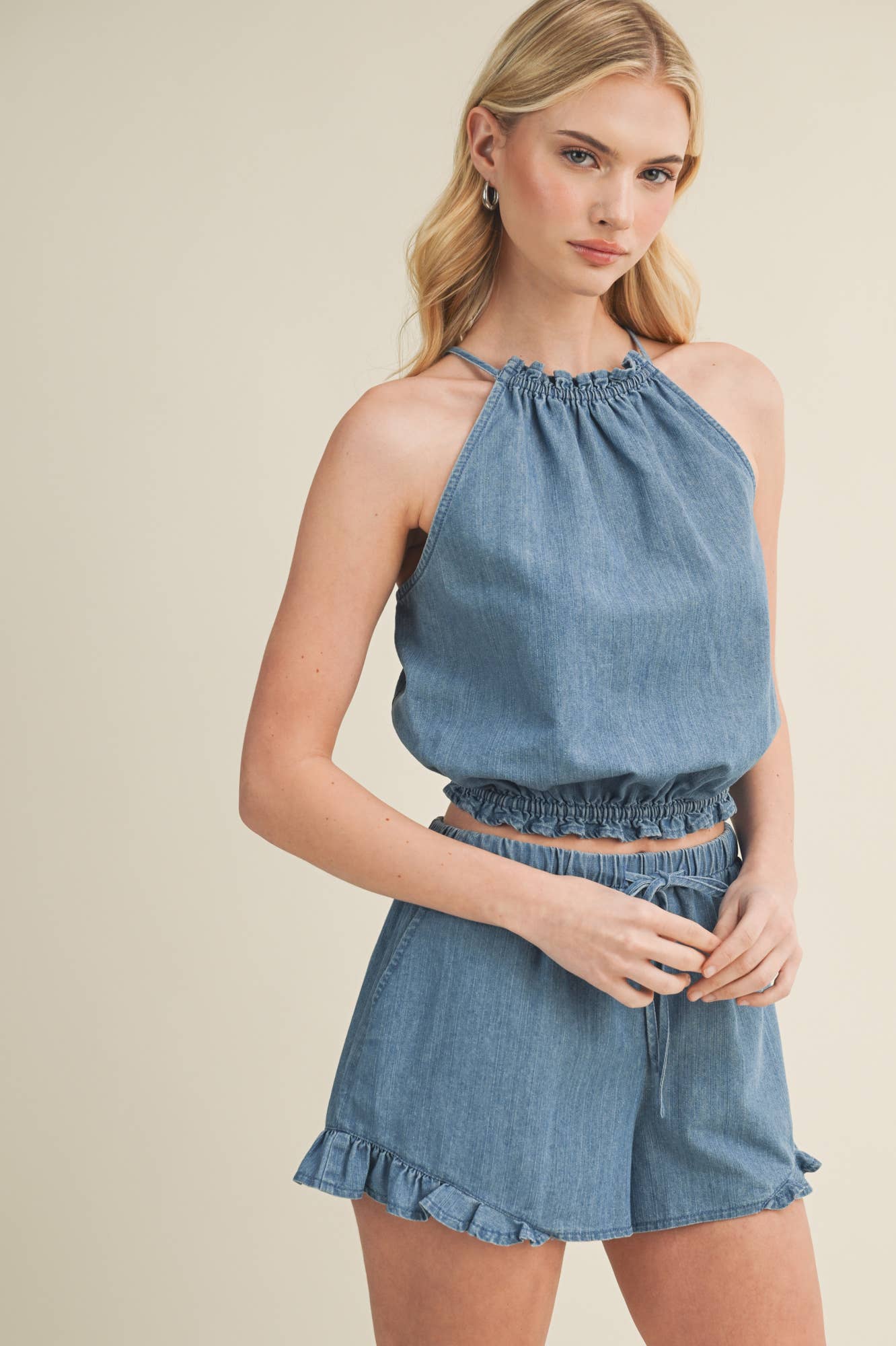 Gathered Halter Tie-Back Denim Top