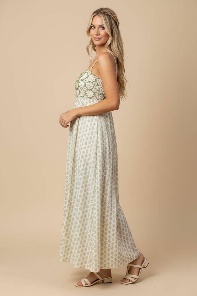 Green Floral Crochet & Block-Print Maxi Dress