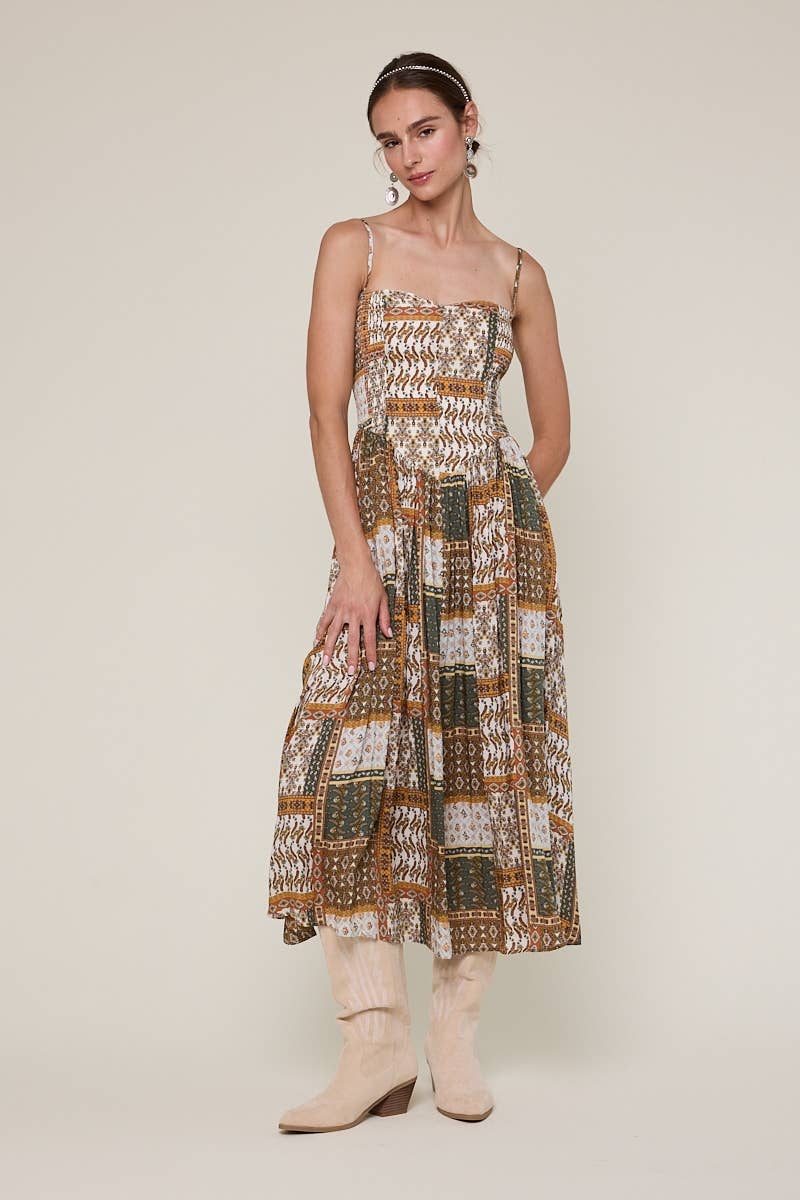 BROWN PATCHED SLEEVELESS SMOCKED MIDI DRESS