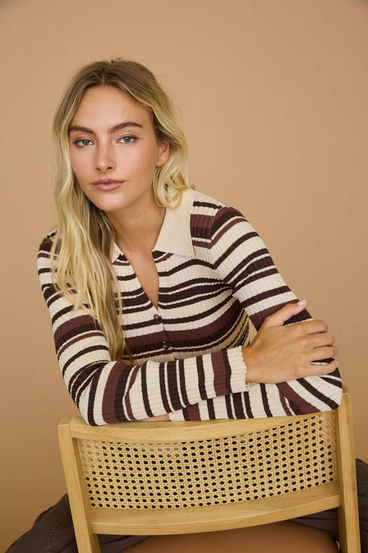 Striped Ribbed Polo Knit Top