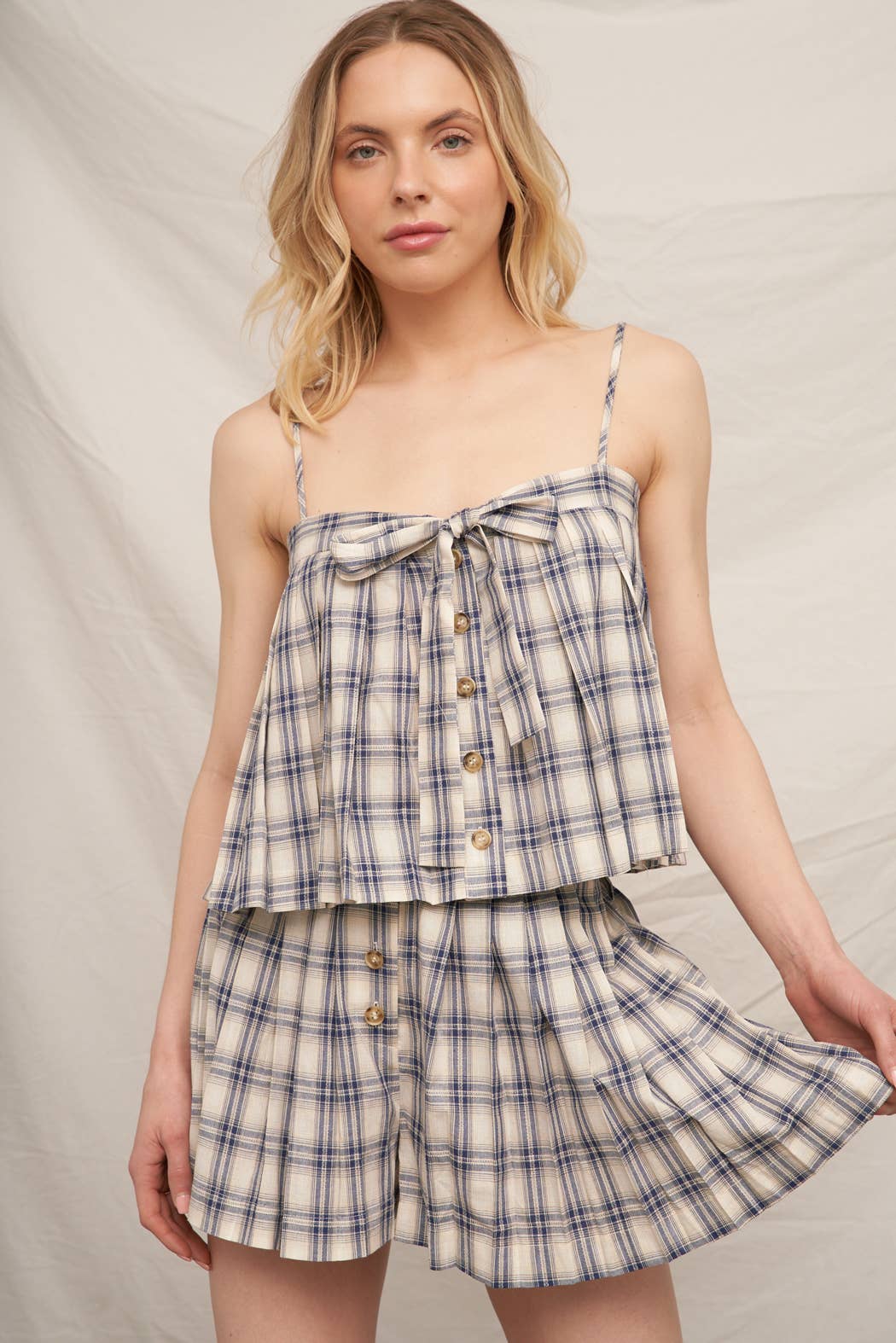 Spaghetti Strap Plaid Pleated Ribbon Top