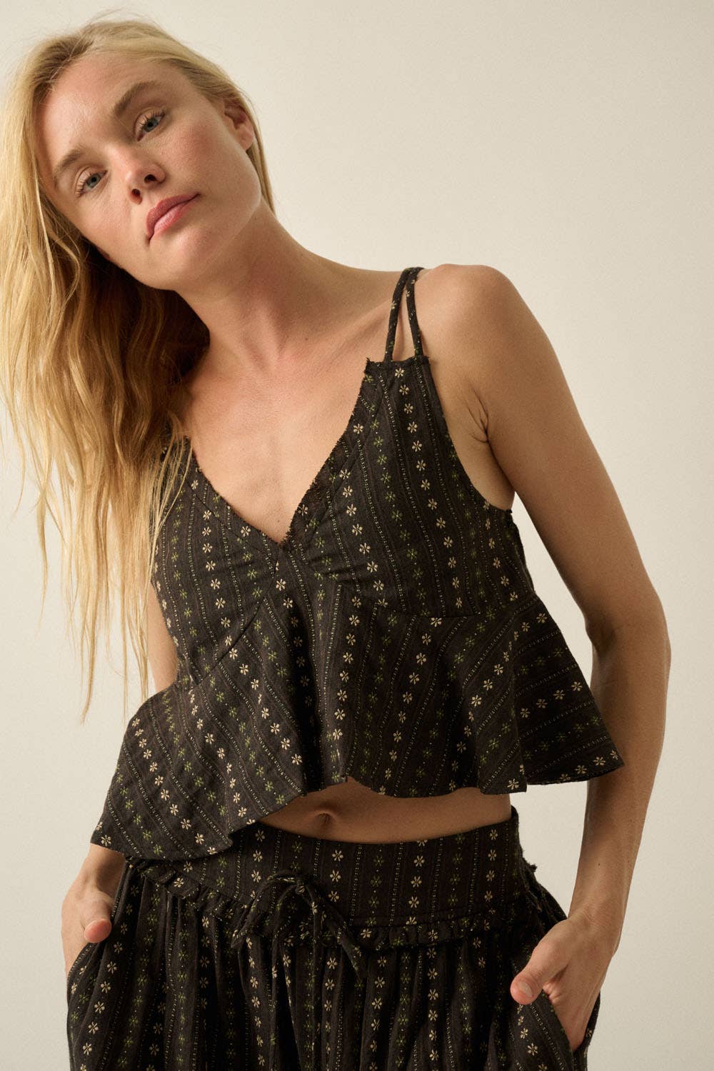Floral Cotton Gauze Ruffled Open-Back Babydoll Tank Top