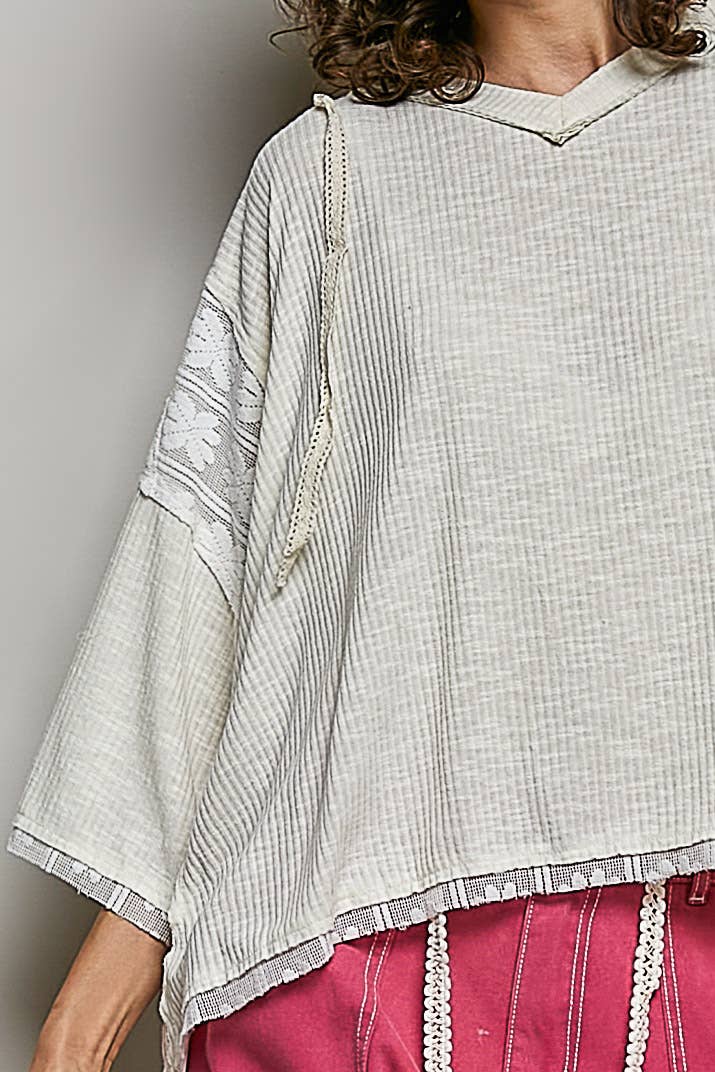Lace Patch V-Neck Relaxed Fit Basic Airy Hoodie Top
