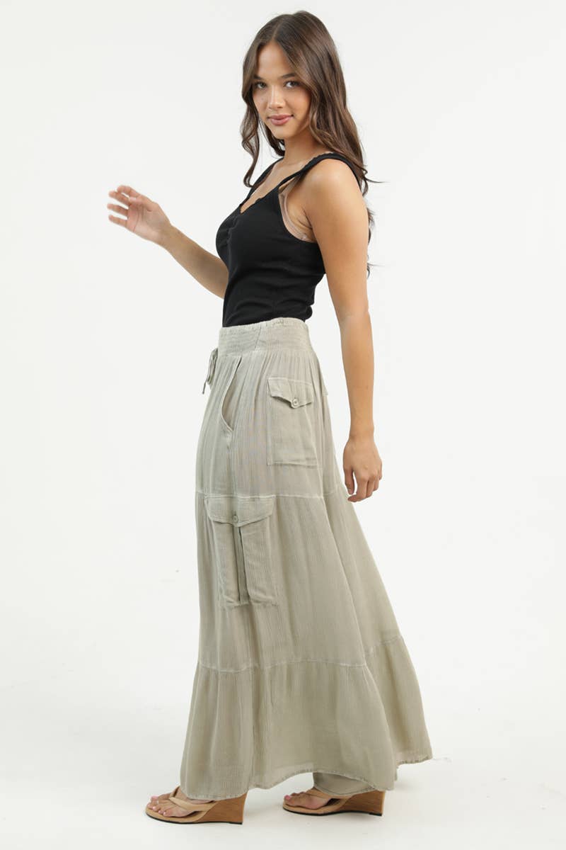 WIDE LEG PANTS WITH SMOCKED WAISTBAND AND CARGO