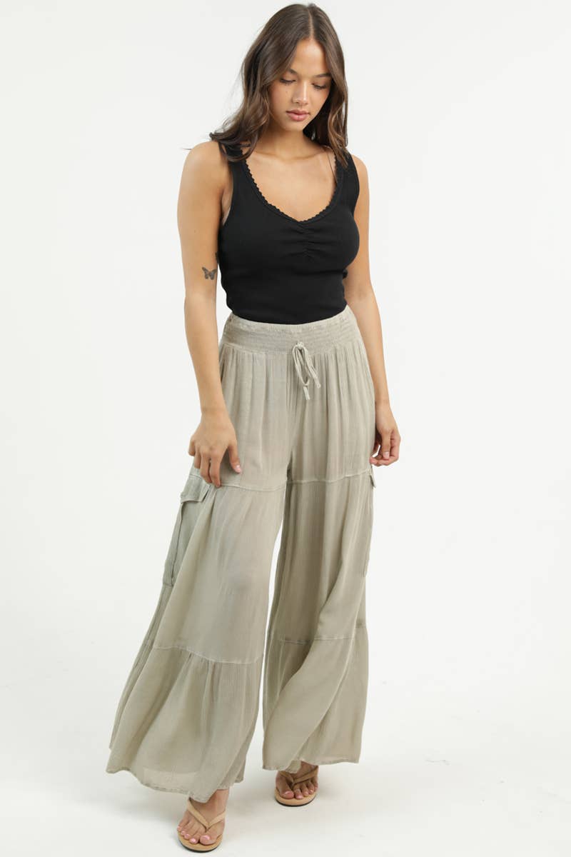 WIDE LEG PANTS WITH SMOCKED WAISTBAND AND CARGO