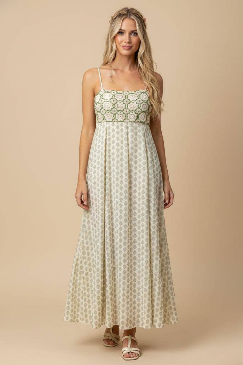 Green Floral Crochet & Block-Print Maxi Dress