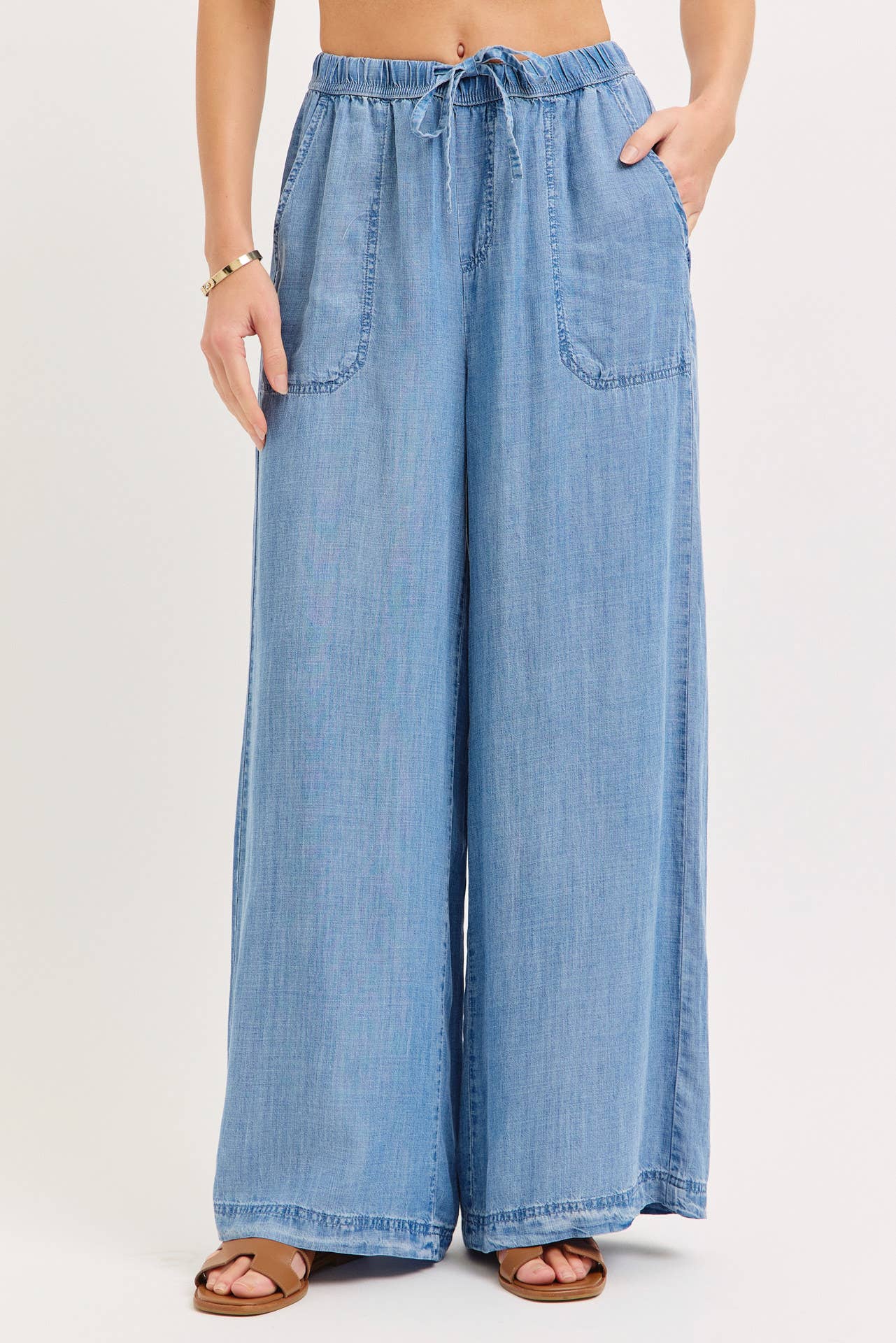 ELASTIC WAIST PULL ON WIDE-LEG  PALAZZO TENCEL CASUAL PANTS