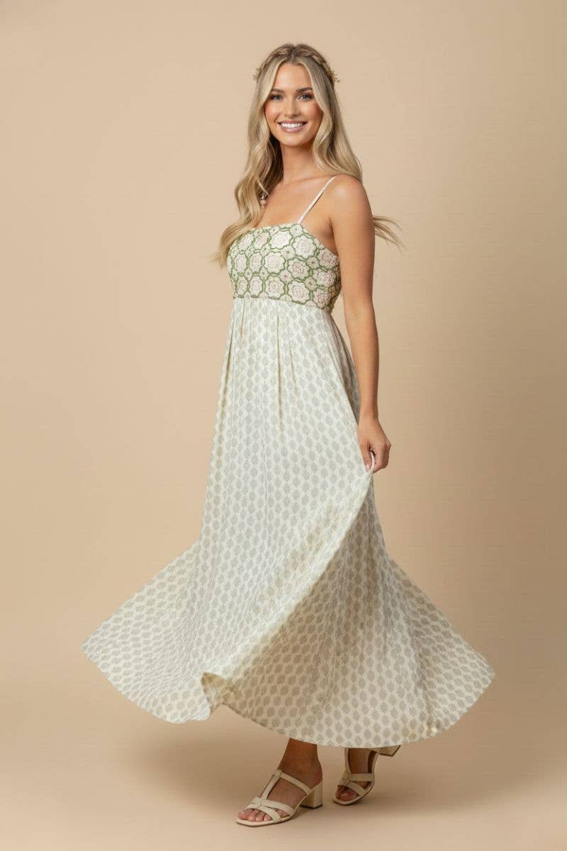 Green Floral Crochet & Block-Print Maxi Dress