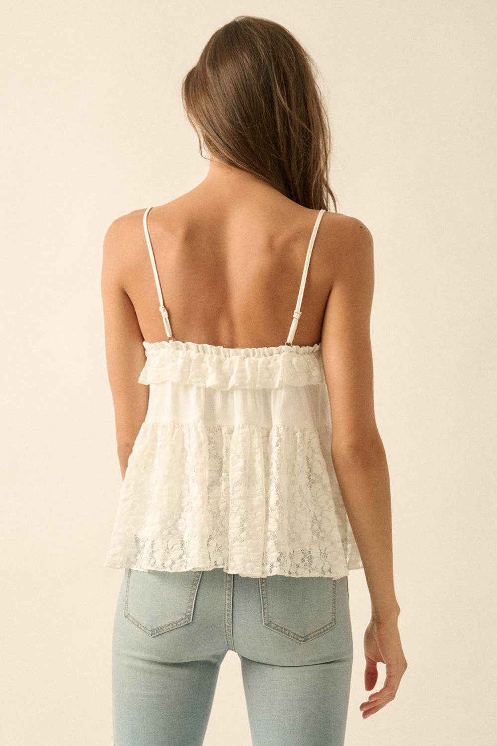 Floral Lace and Cotton Gauze Ruffled Babydoll Cami Top
