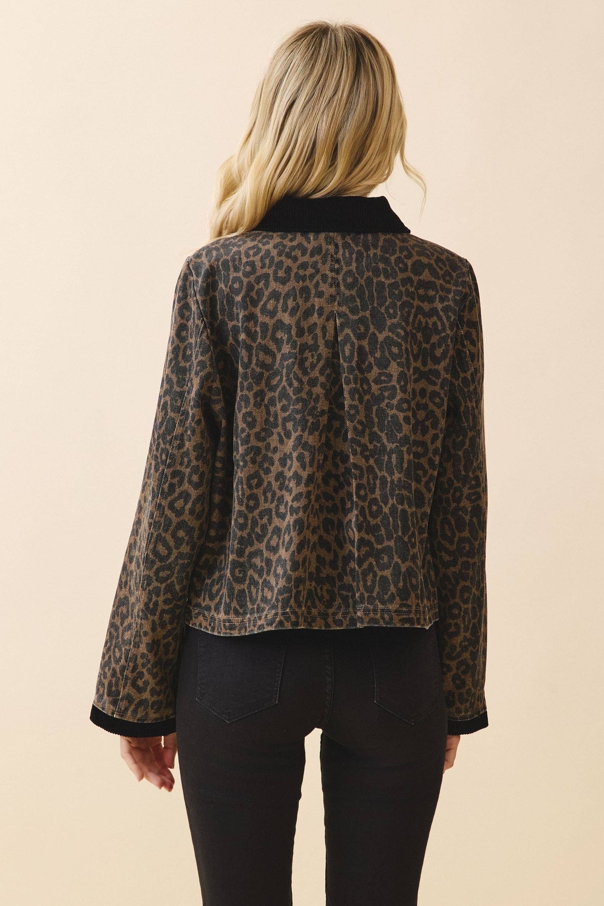 Leopard Print Contrast Corduroy Detail Jacket