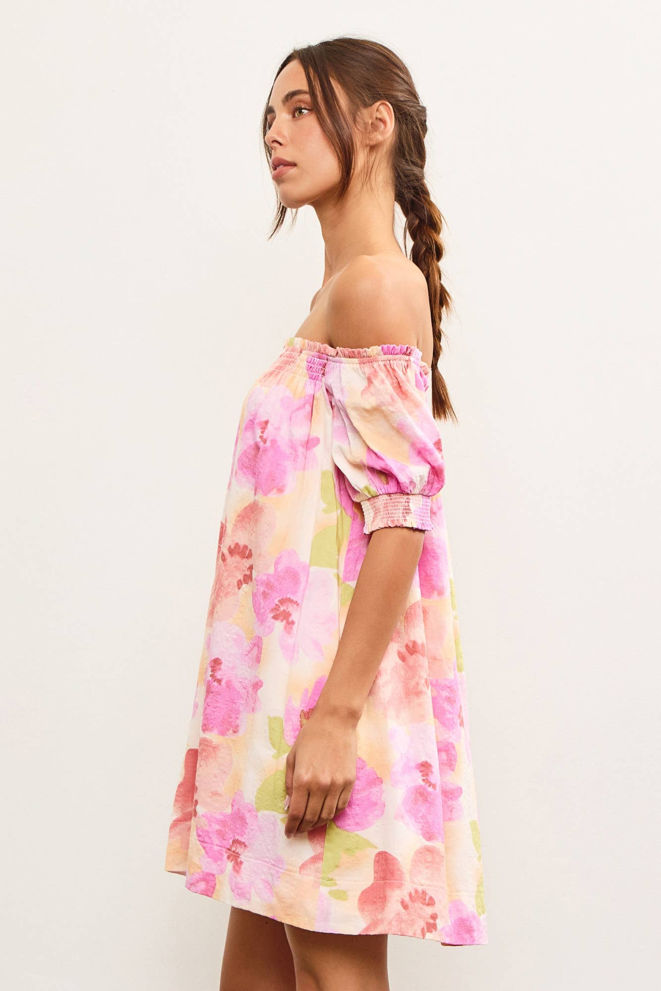 Abstract Bloom Off-Shoulder Smocked Floral Dress