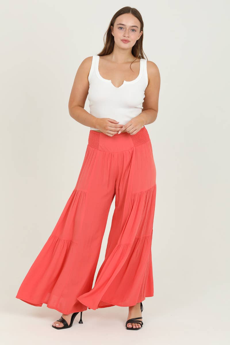 TIERED WIDE LEG PANTS WITH SMOCKED WAISTBAND