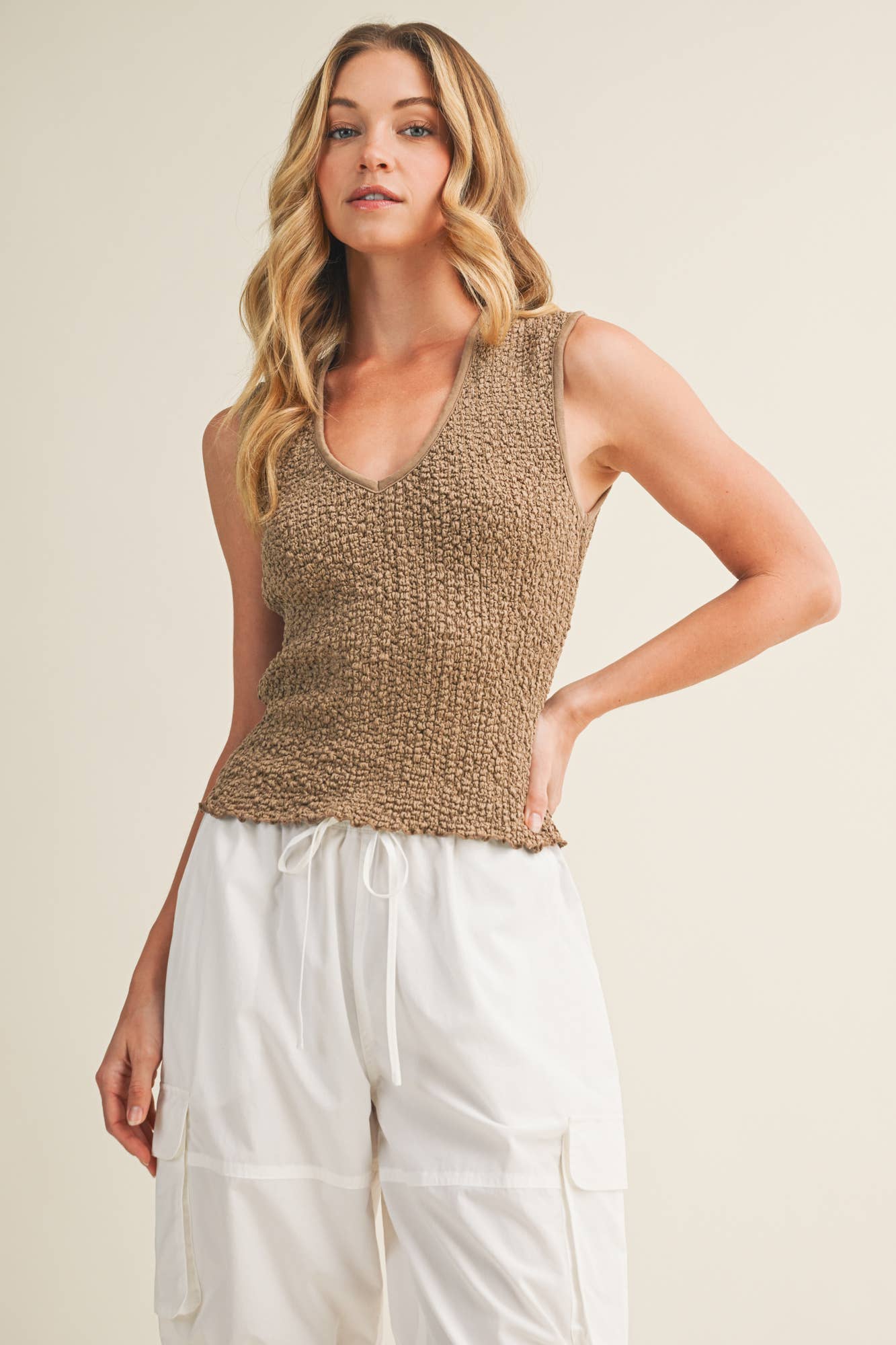 Rib-Trimmed Textured Popcorn Knit Top