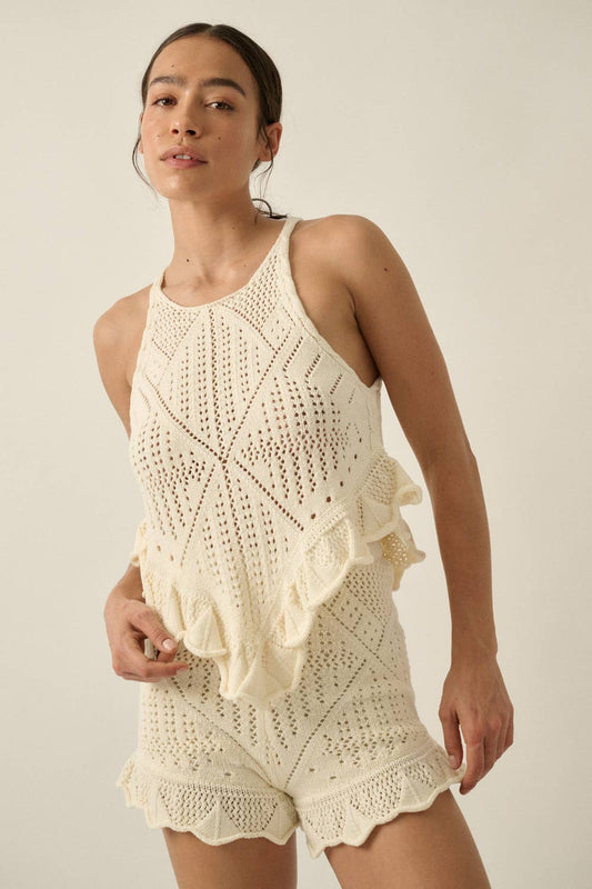 Pointelle Crochet-Knit Ruffled Handkerchief Tank Top