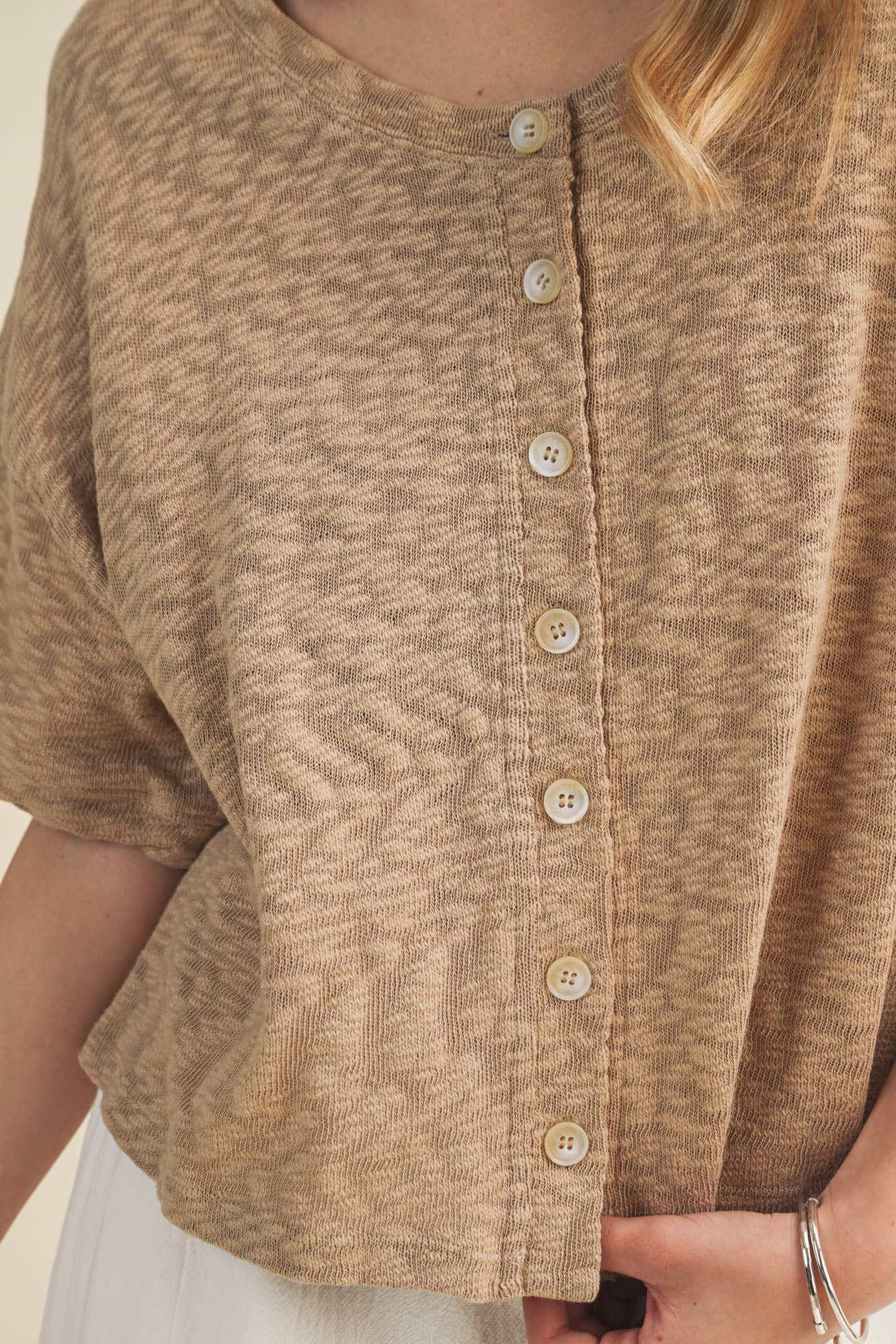 Slub Knit Boxy Button-Front Blouse