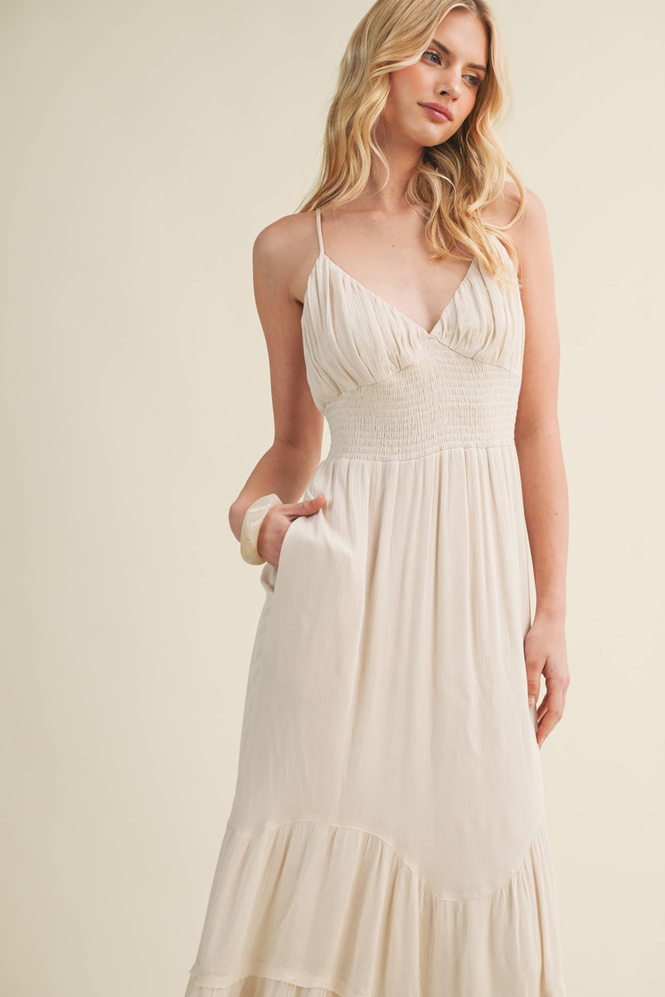 Contoured Shirring Cascading Tiered Dress