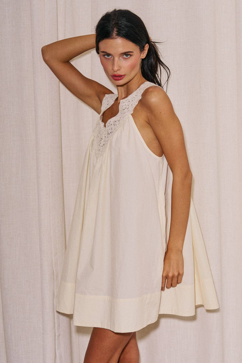 Ladies Woven Sleeveless Lace Neck Mini Dress