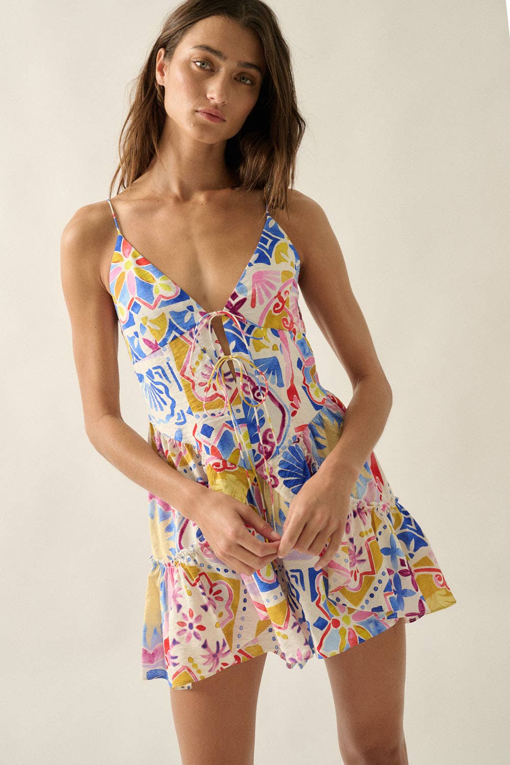 Tropical Floral-Print Ruffled Tie-Front Cami Romper