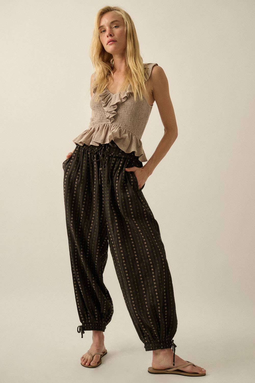 Geometric-Print Drawstring Wide-Leg Balloon Pants