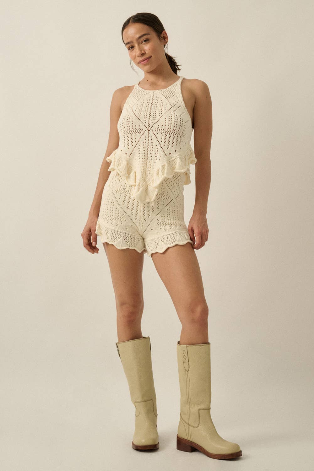 Pointelle Crochet-Knit Ruffled Handkerchief Tank Top