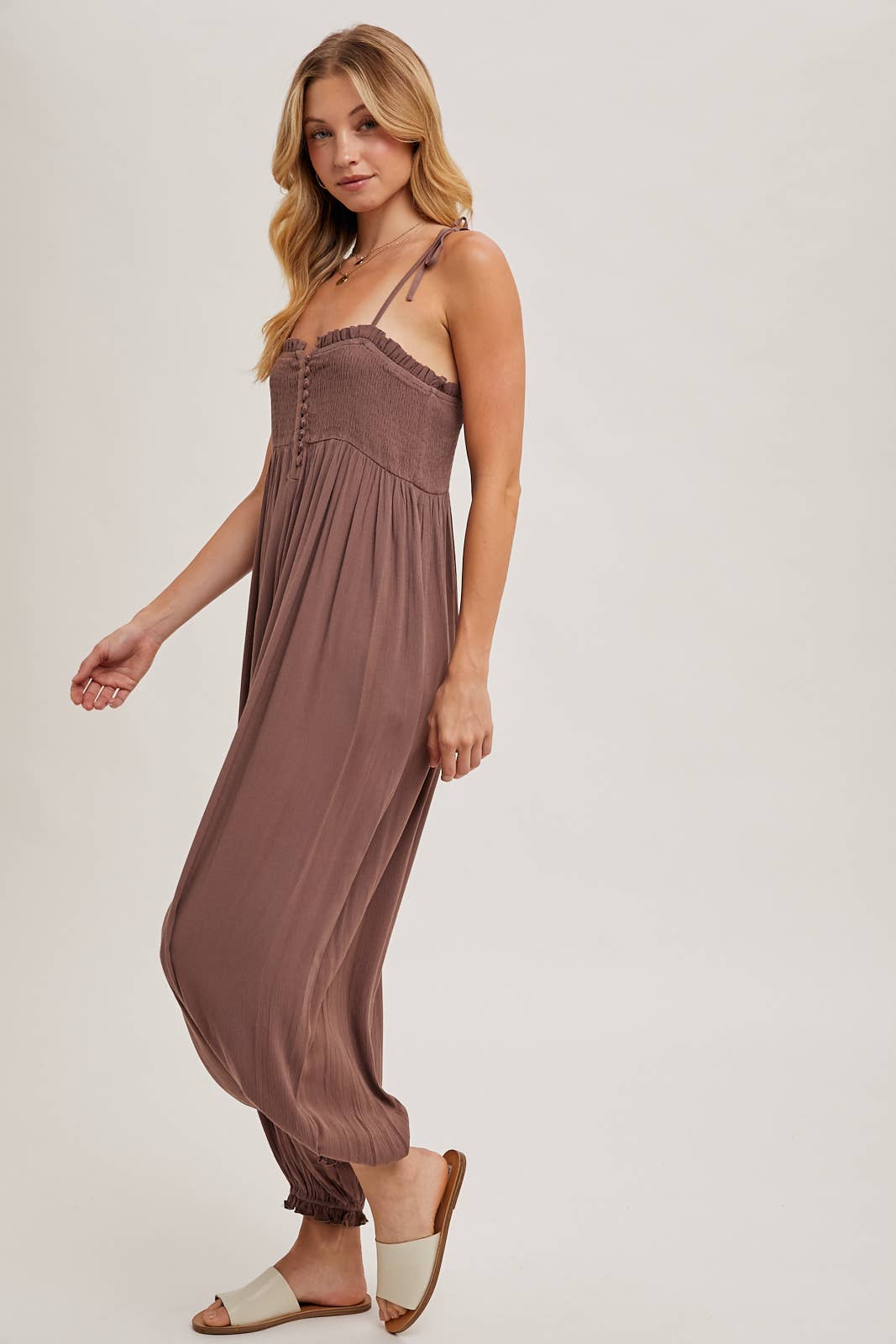 GAUZE SMOCKED BUTTON FRONT SHOULDER TIE JUMPSUIT