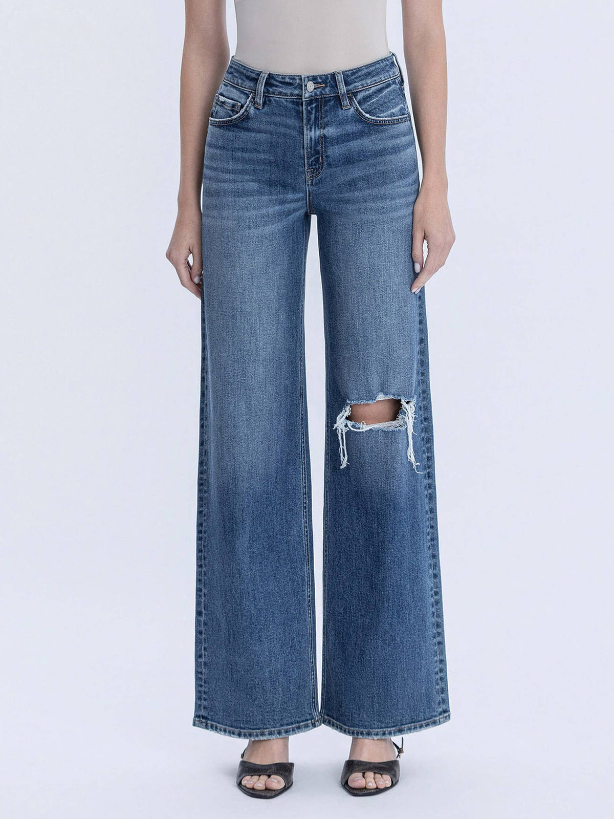 BROOKS HIGH RISE DISTRESSED KNEE WIDE LEG JEAN