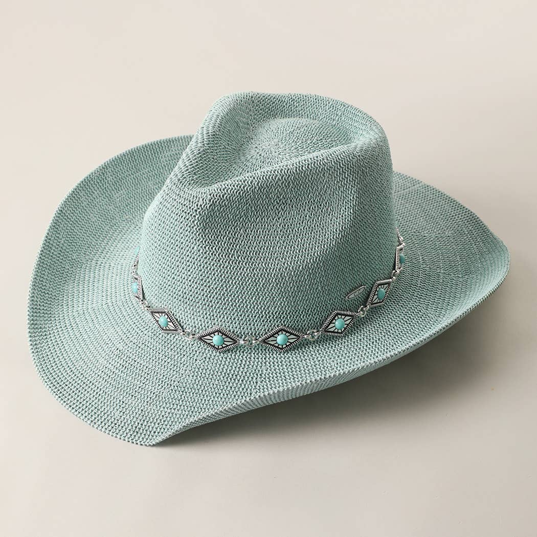 Cowboy Straw Hat With Turquoise Metal Band