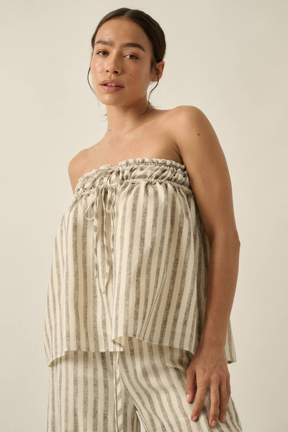 Striped Woven Strapless Drawstring Tunic Top