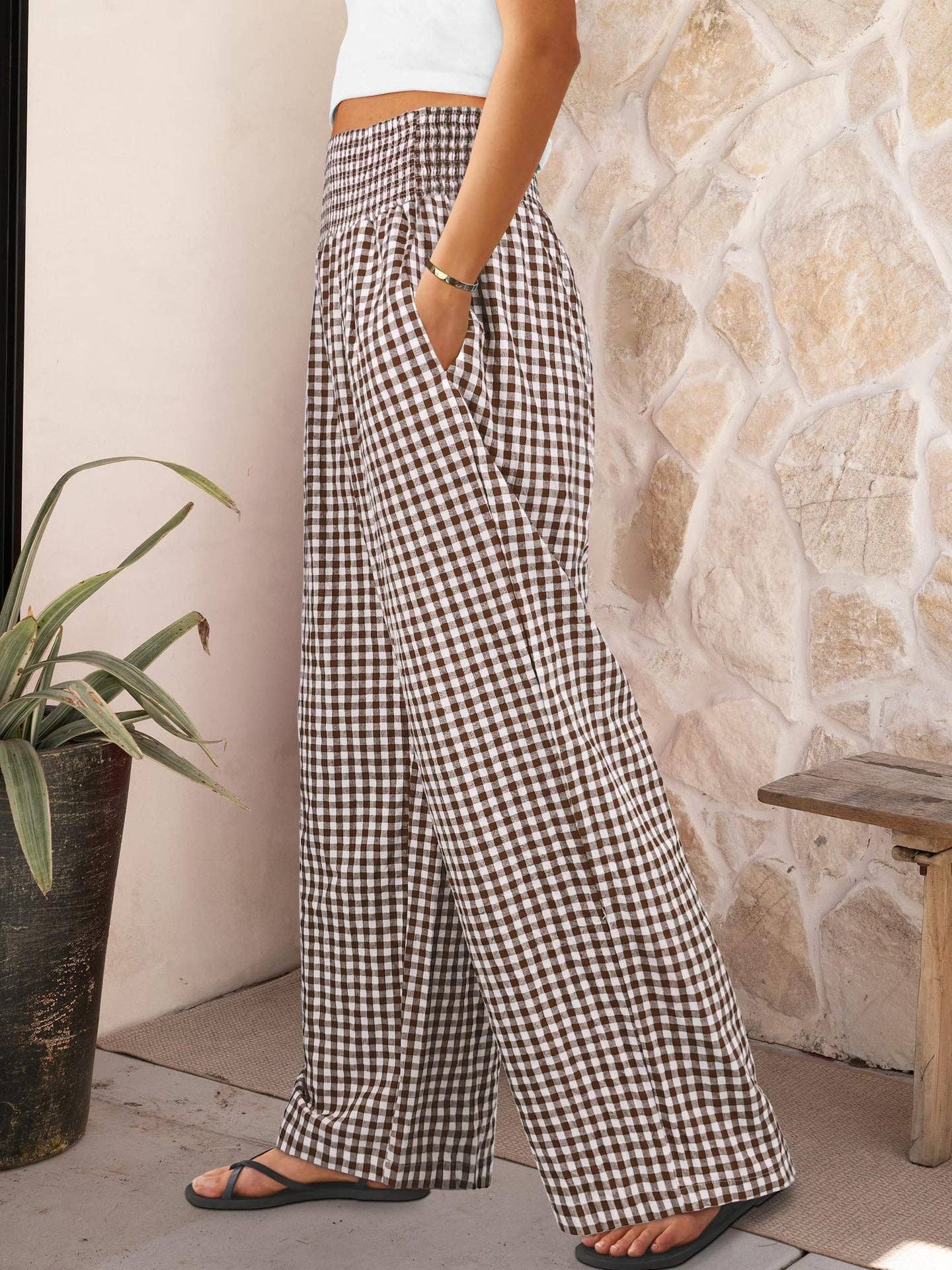 Gingham High Waist Wide Leg Pants with Pockets