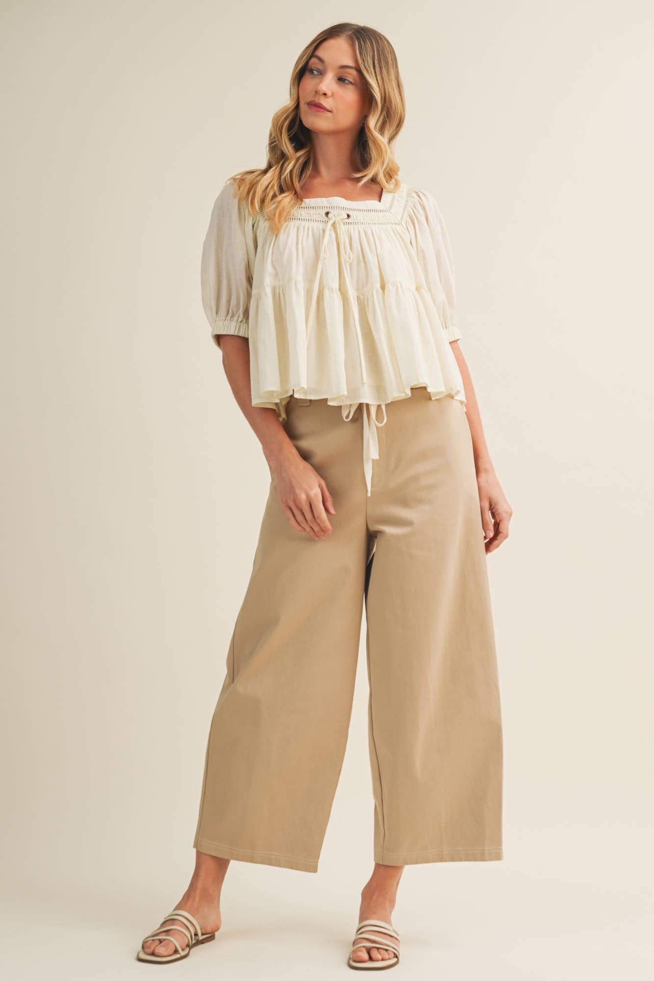Lace Inset Square Neck Tiered Blouse