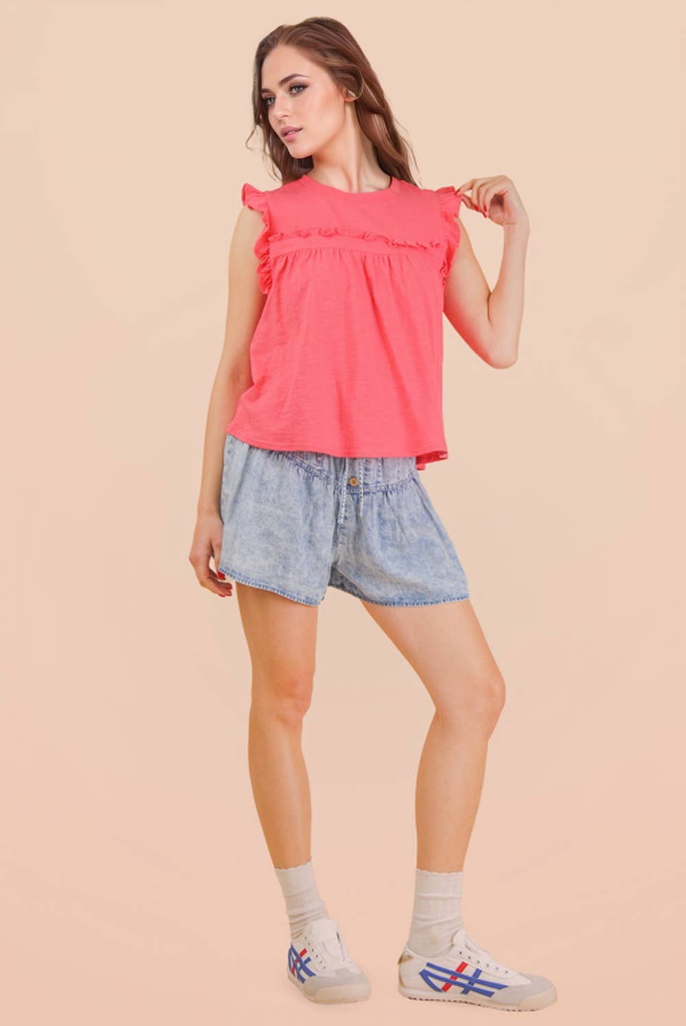 Washed Chambray Button Down Flare Shorts