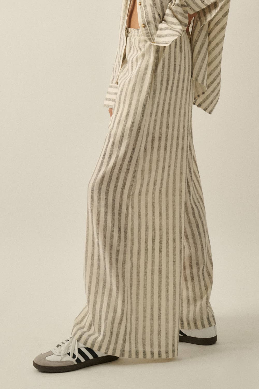 Striped Woven Wide-Leg Drawstring Pocket Pants
