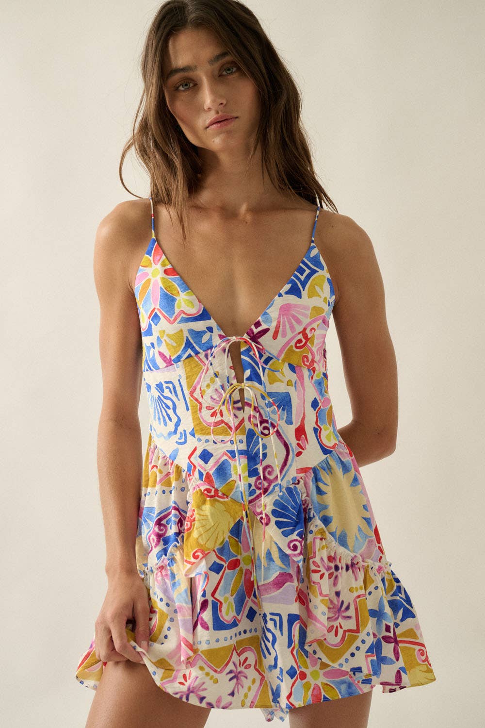 Tropical Floral-Print Ruffled Tie-Front Cami Romper