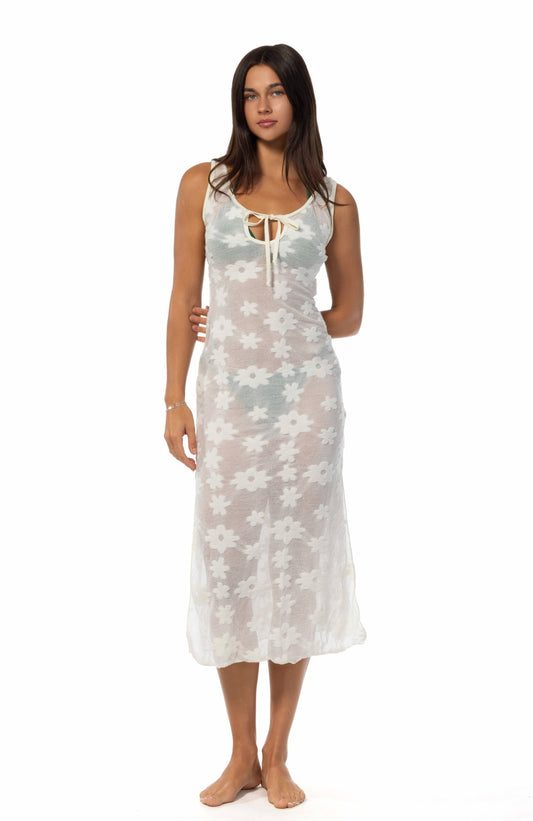 SOLID FLORAL BURNOUT SHEER TIE FRONT MIDI COVERUP