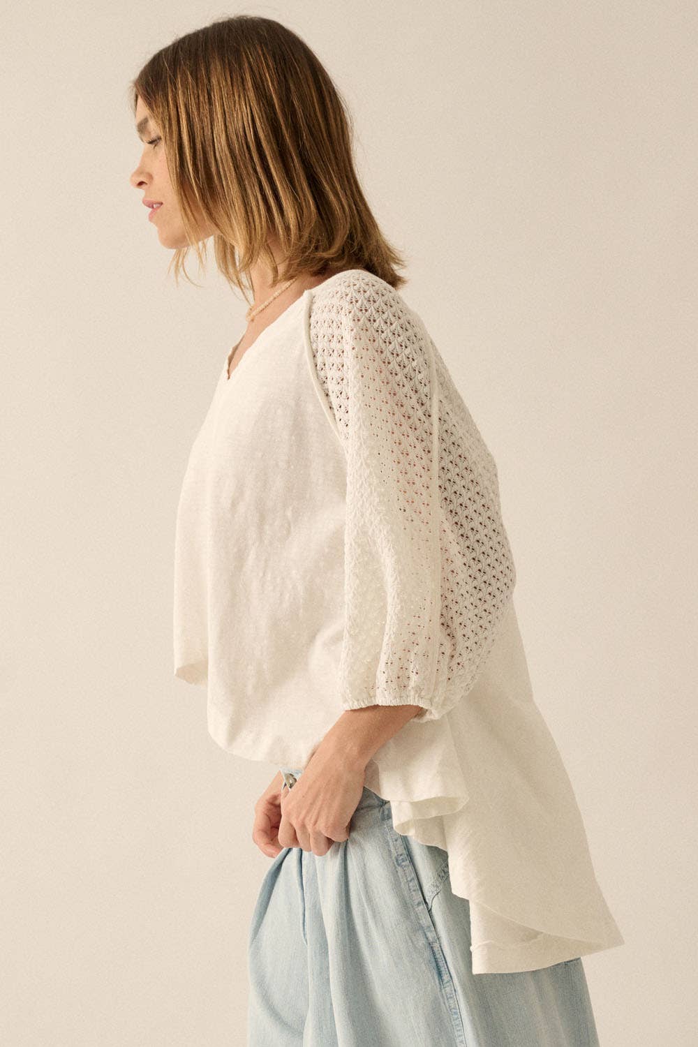Oversized Crochet Raglan-Sleeve Cotton Knit Top