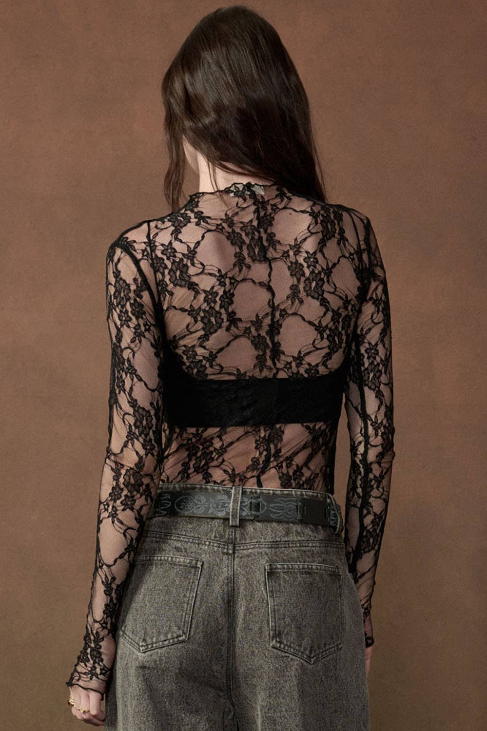 Sheer Floral Lace Mock-Neck Top
