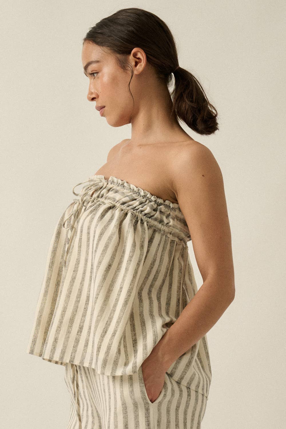 Striped Woven Strapless Drawstring Tunic Top