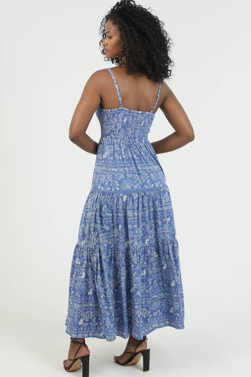 V NECK SMOCKED BODICE MAXI DRESS