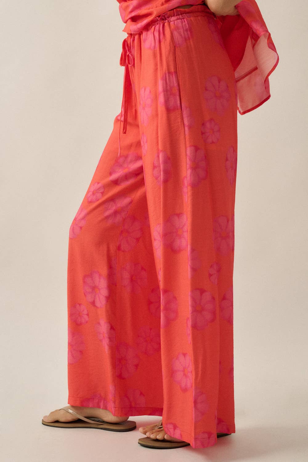 Floral-Print Wide-Leg Drawstring Pocket Pants