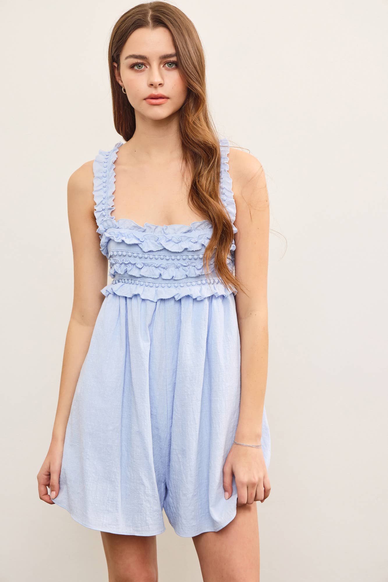 Layered Ruffle Textured Open Back Romper