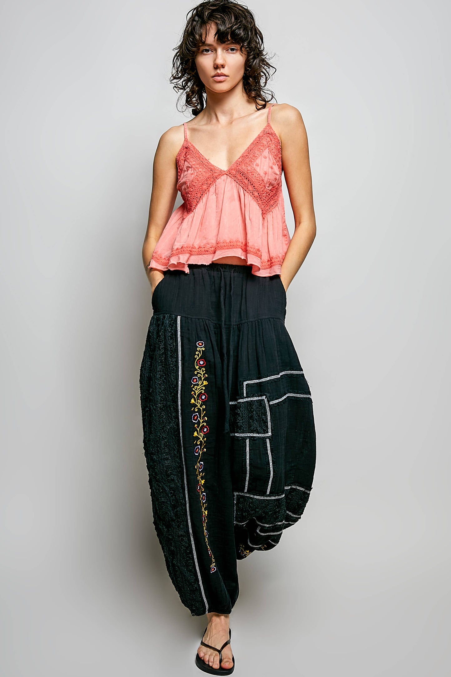 V-neck Sleeveless Washing Effect Embroidered Woven Top