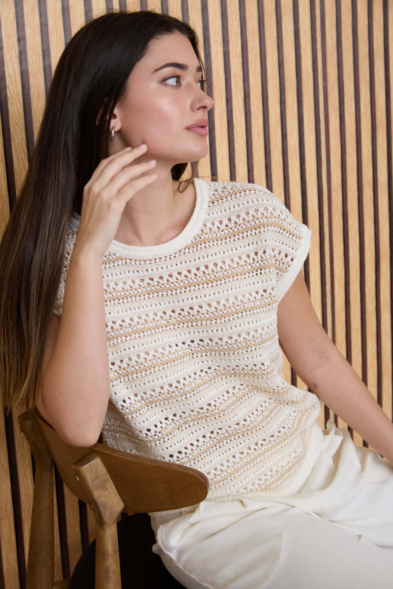 MULTI STRIPE DROP SHOULDER SHORT SLEEVE SWEATER